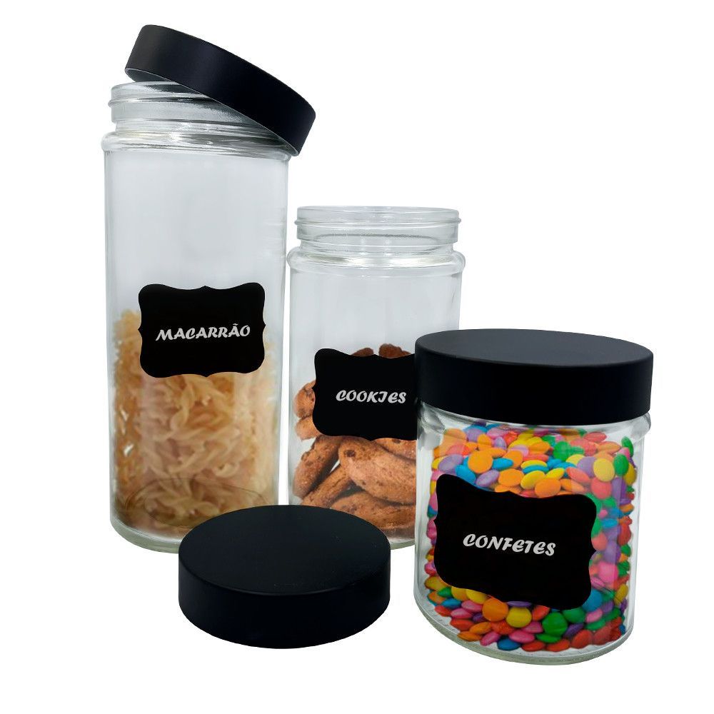 Encontraproduto.com.br - 03 Potes De Vidro Para Alimentos Com Etiqueta Para Escrever