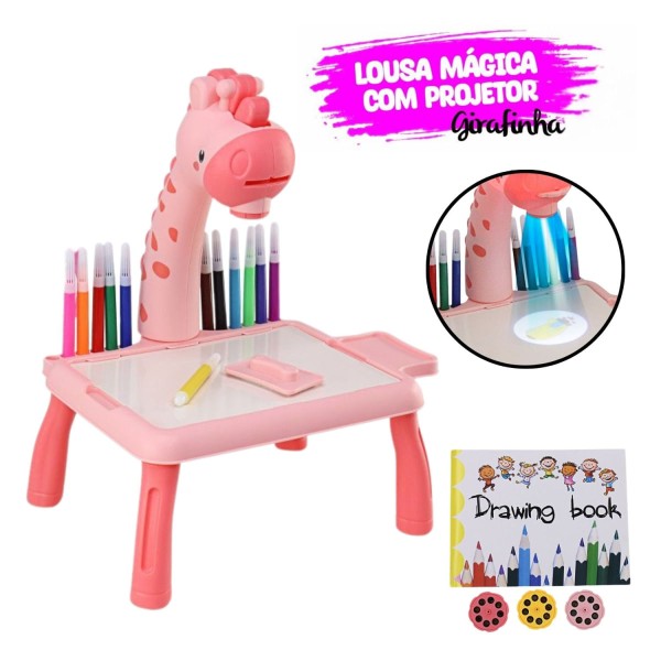 Encontraproduto.com.br - Lousa Mágica para Desenhar Mesinha Com Projetor Girafa Rosa