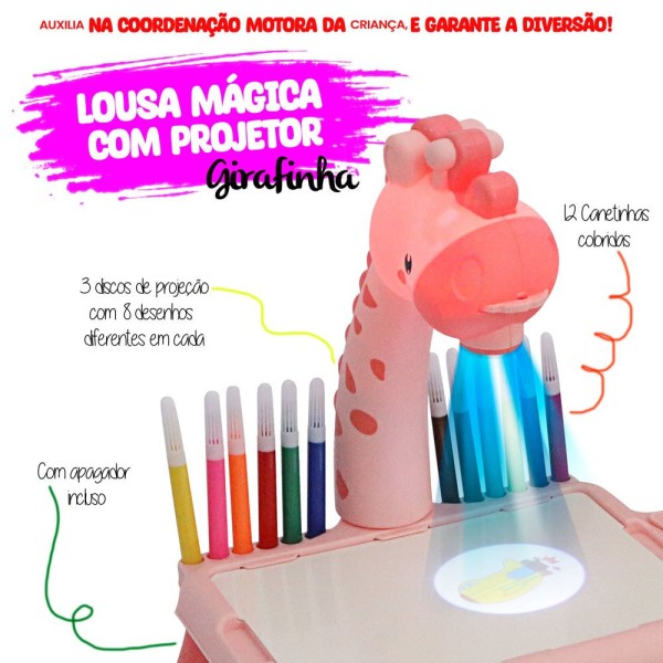 Encontraproduto.com.br - Lousa Mágica Girafa Rosa Use Canetinhas e Livro para Desenhar em uma Mesinha com Projetor Didático e Apagador