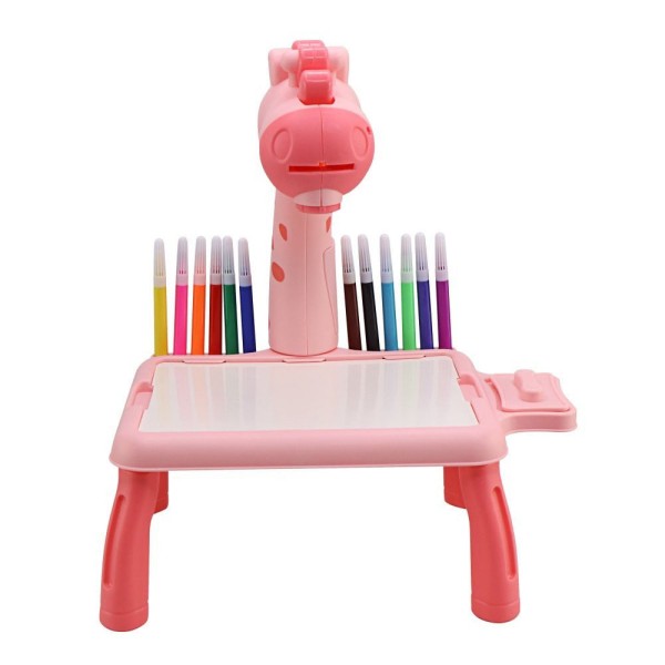 Encontraproduto.com.br - Lousa Mágica Girafa Rosa Transforme a Mesinha com Projetor Didático Apagador e 24 Desenhos Diferentes para Criar