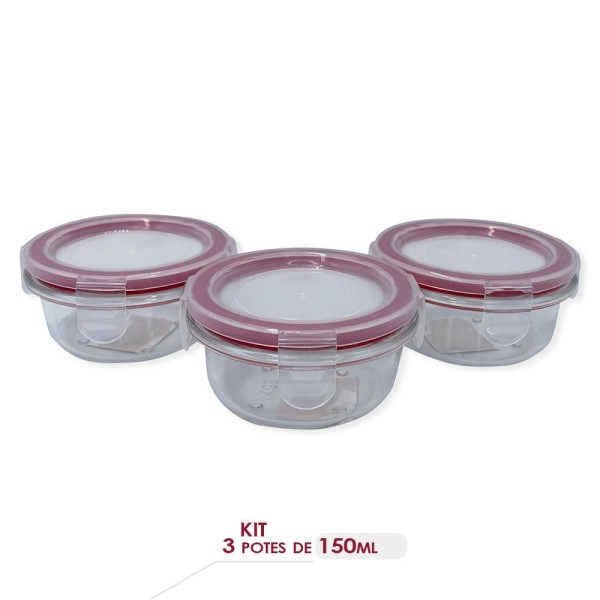 Encontraproduto.com.br - Conjunto 3 Potes De Vidro Com Tampa Hermética Redondo 150ml