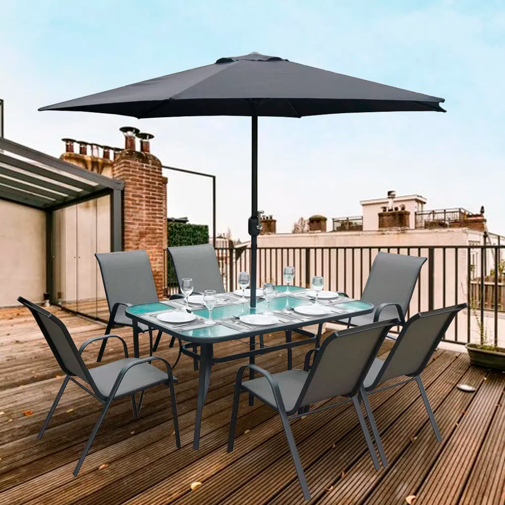 Encontraproduto.com.br - Conjunto de Mesa com Cadeiras e Ombrelone Quadrado para Área Externa 8 Peças Preto - Hasiera