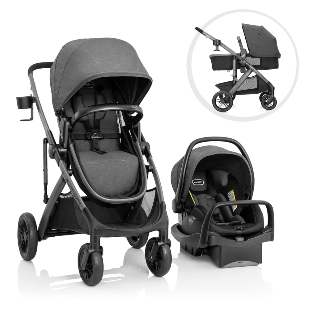 Encontraproduto.com.br - Carrinho de Bebê Travel System com Cadeirinha LiteMax, Suspensão Traseira e 6 Modos de Usar, Evenflo Pivot Suite, Cinza