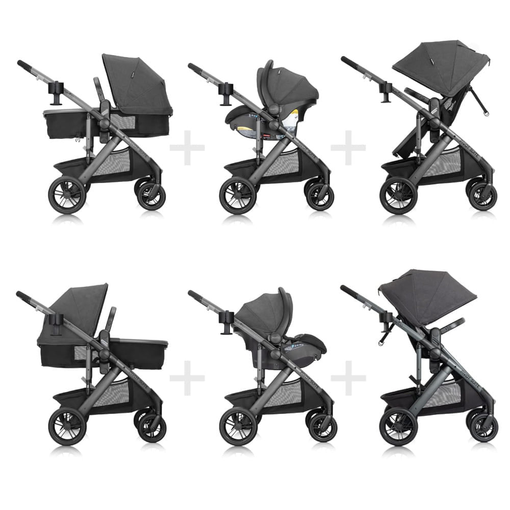 Carrinho de Bebê Travel System com Cadeirinha LiteMax, Suspensão Traseira e 6 Modos de Usar, Evenflo Pivot Suite, Cinza