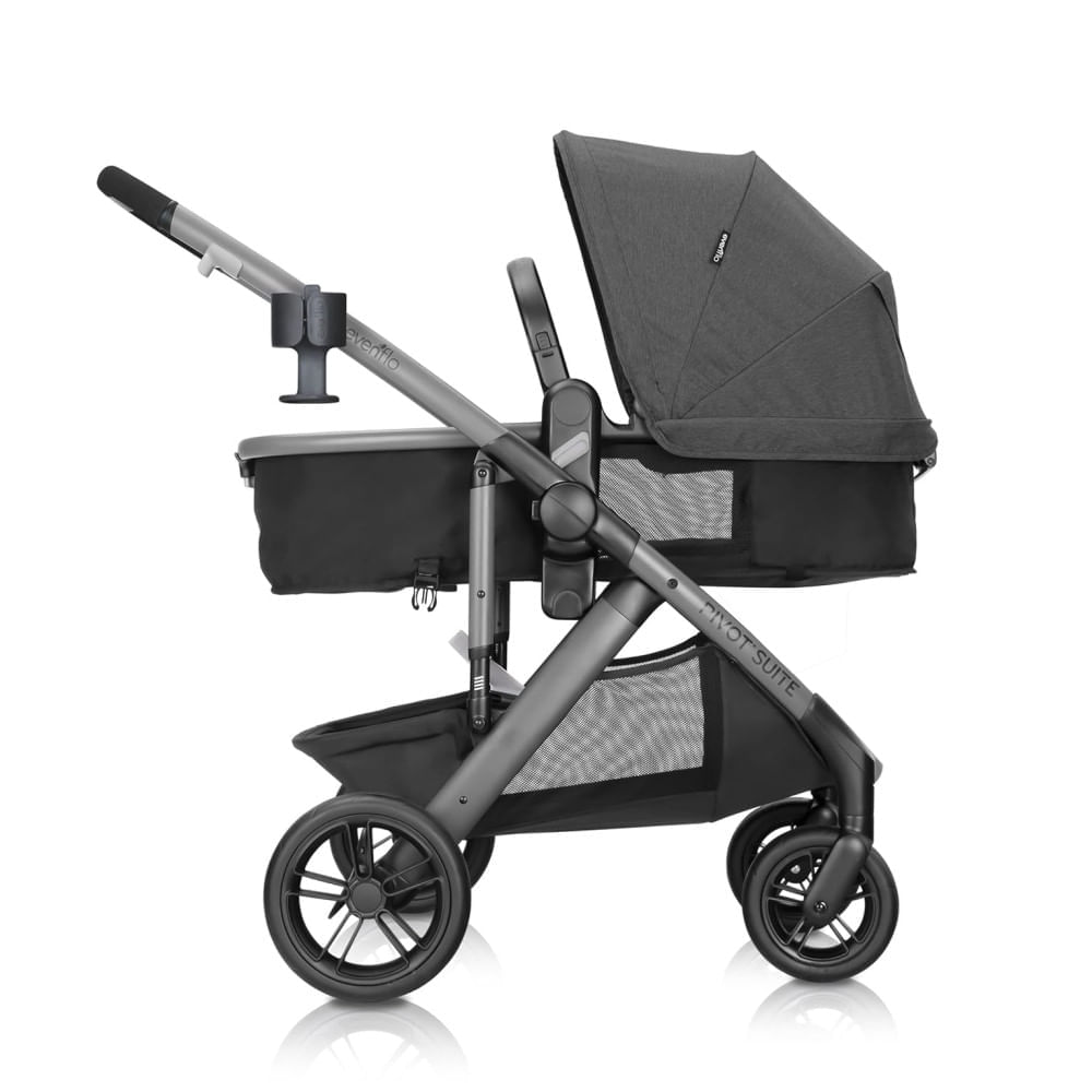 Encontraproduto.com.br - Carrinho de Bebê Travel System com Cadeirinha LiteMax, Suspensão Traseira e 6 Modos de Usar, Evenflo Pivot Suite, Cinza