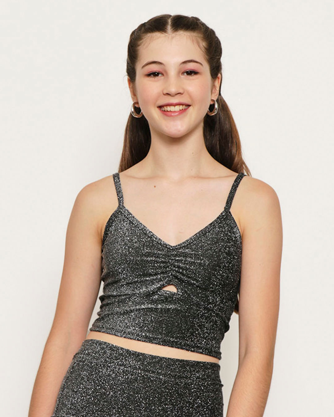 Encontraproduto.com.br - Regata Juvenil Cropped Lurex Com Recorte Preta