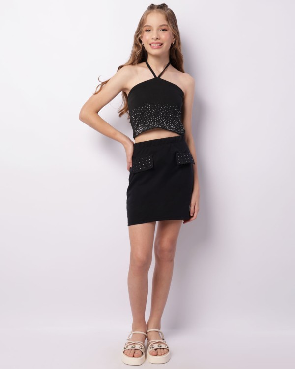 Encontraproduto.com.br - Saia Juvenil Curta Lapela Com Strass Preta