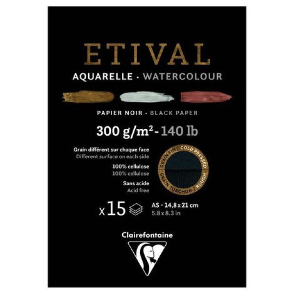 Bloco de Papel Aquarelável Aquarelle Etival Bloco de Papelack A5 300g com 15 Folhas Clairefontaine 975317c