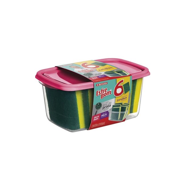 Encontraproduto.com.br - Pack de Esponjas Abrasivas com Pote Rosa EsfreBom 6un - Bettanin