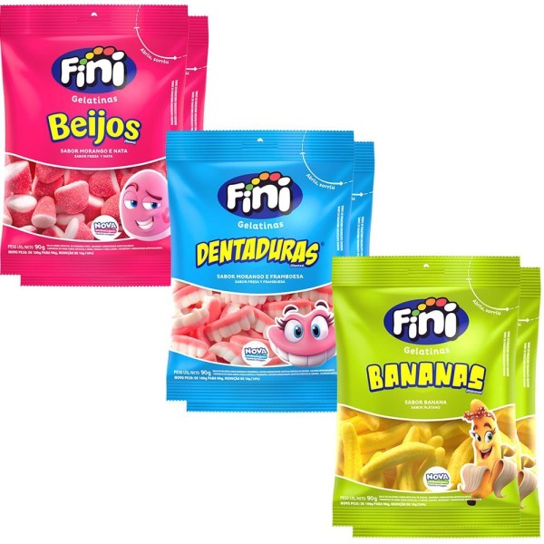 Encontraproduto.com.br - 2 Kit de Balas de Gelatina: Beijo Morango 90G + Dentaduras 90G + Bananas 90G - Fini