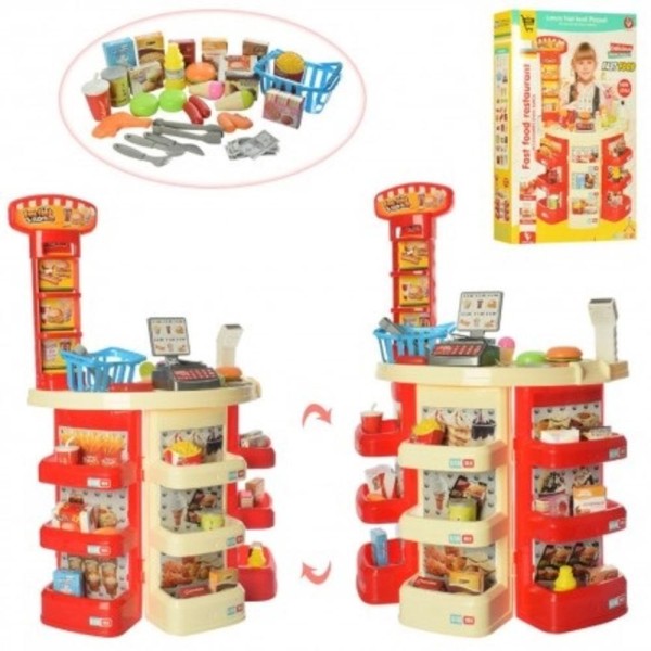 Encontraproduto.com.br - MERCADO INFANTIL GRANDE 82CM COM CAIXA REGISTRADORA LANCHONETE 30 ACESSORIOS COM SOM E LUZ