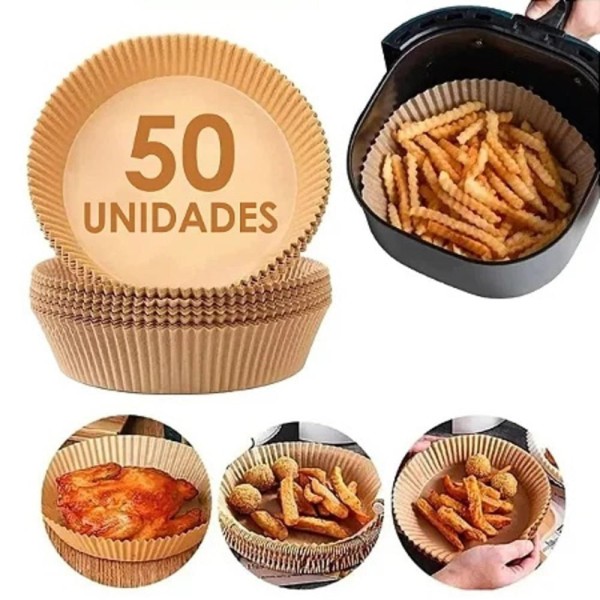Encontraproduto.com.br - Forma De Papel Redonda Descartavel Antiaderente 20cm Kit 50 Unidades Air Fryer Fritadeira Eletrica