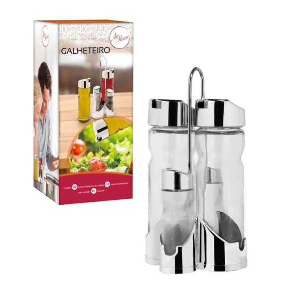 GALHETEIRO 5 PEÇAS COM SUPORTE CROMADO AZEITE SAL VINAGRE KIT EM VIDRO 160ML