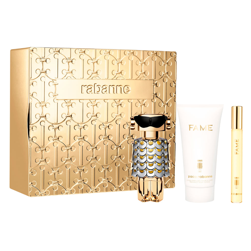 Encontraproduto.com.br - Kit Rabanne Fame Eau de Parfum Feminino 50 ml + Creme Corporal 75 ml + Miniatura 10 ml