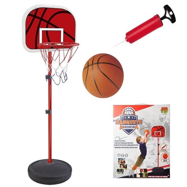Encontraproduto.com.br - CESTA INFANTIL DE BASQUETE COM BOLA E INFLADOR REDE AJUSTAVEL ATE 20C2M KITESPORTE DM TOYS