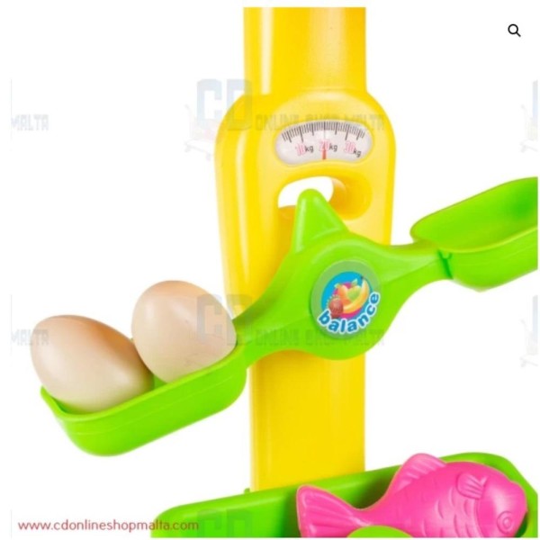 Encontraproduto.com.br - SUPERMERCADO MERCADINHO INFANTIL PARA COMPRAS COM CAIXA BALANCA FRUTAS E ACESSORIOS COMPLETO