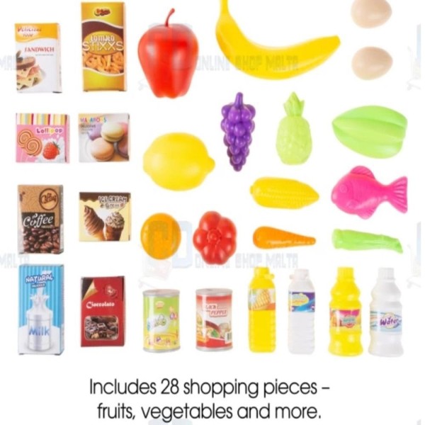 Encontraproduto.com.br - SUPERMERCADO MERCADINHO INFANTIL PARA COMPRAS COM CAIXA BALANCA FRUTAS E ACESSORIOS COMPLETO