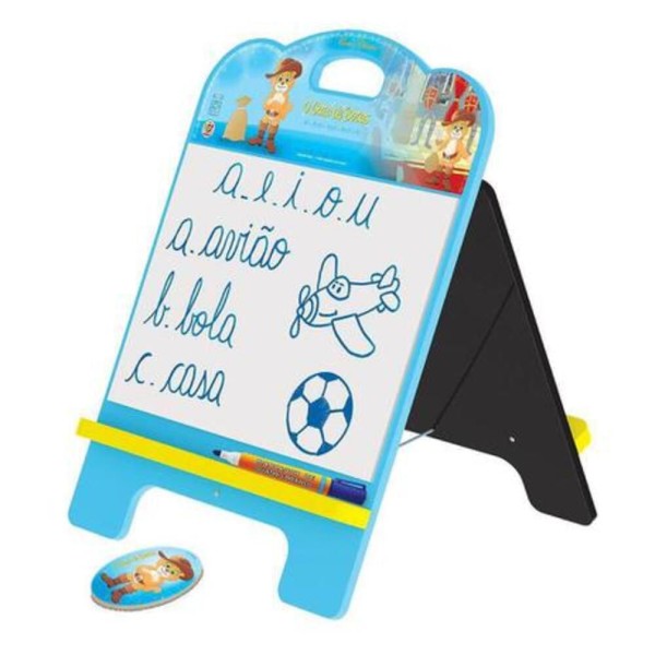 Encontraproduto.com.br - QUADRO INFANTIL DUPLA FACE 2 EM 1 LOUSA ACOMPANHA GIZ E MARCADOR JUNGES GATOS DE BOTAS AZUL