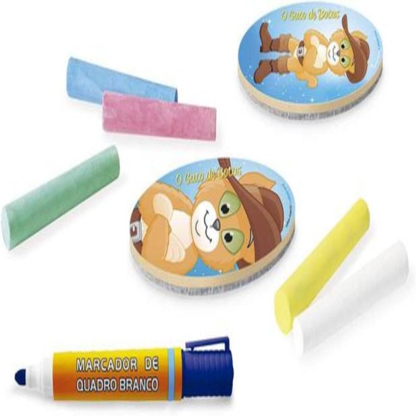 Encontraproduto.com.br - QUADRO INFANTIL DUPLA FACE 2 EM 1 LOUSA ACOMPANHA GIZ E MARCADOR JUNGES GATOS DE BOTAS AZUL
