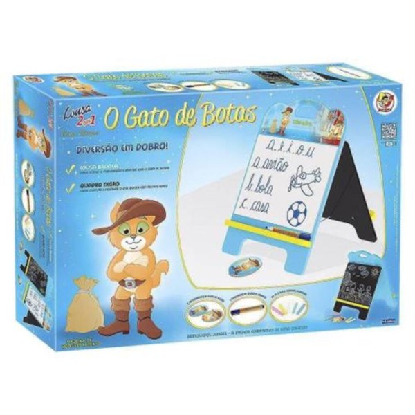 Encontraproduto.com.br - QUADRO INFANTIL DUPLA FACE 2 EM 1 LOUSA ACOMPANHA GIZ E MARCADOR JUNGES GATOS DE BOTAS AZUL