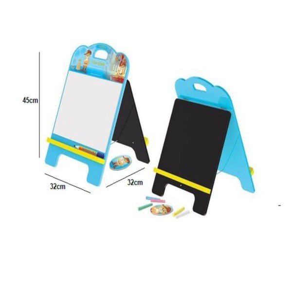 Encontraproduto.com.br - QUADRO INFANTIL DUPLA FACE 2 EM 1 LOUSA ACOMPANHA GIZ E MARCADOR JUNGES GATOS DE BOTAS AZUL