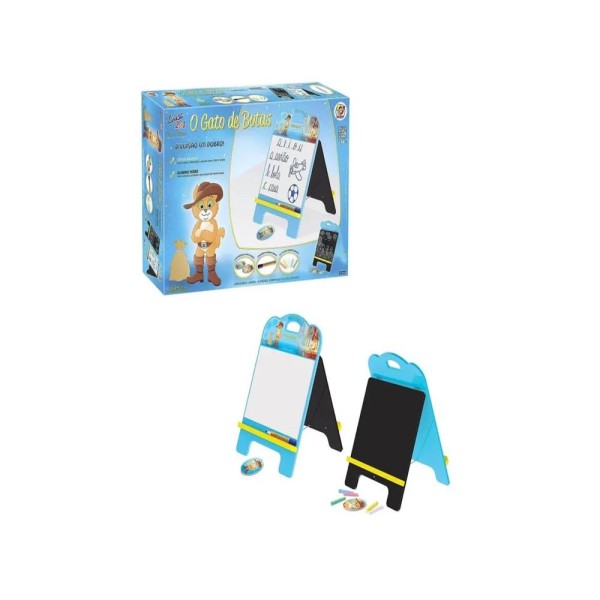 Encontraproduto.com.br - QUADRO INFANTIL DUPLA FACE 2 EM 1 LOUSA ACOMPANHA GIZ E MARCADOR JUNGES GATOS DE BOTAS AZUL
