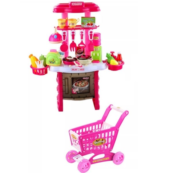 Encontraproduto.com.br - COZINHA INFANTIL COMPLETA COM CARRINHO DE COMPRAS 3 EM 1 FORNO FOGAO PANELAS TALHERES 56 ACESSORIOS MERCADINHO FEIRINHA