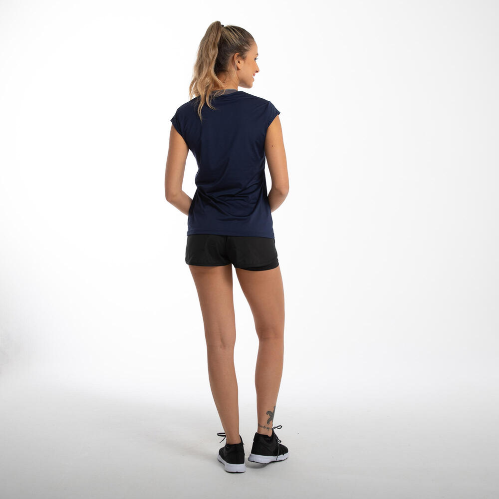 Encontraproduto.com.br - Camiseta Feminina de Treino Cardio Respirável 100 Domyos Azul-marinho