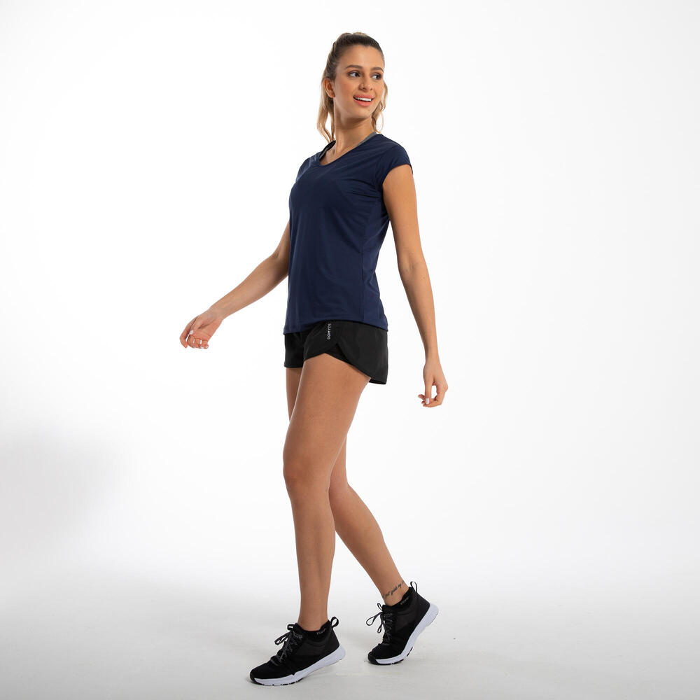 Encontraproduto.com.br - Camiseta Feminina de Treino Cardio Respirável 100 Domyos Azul-marinho