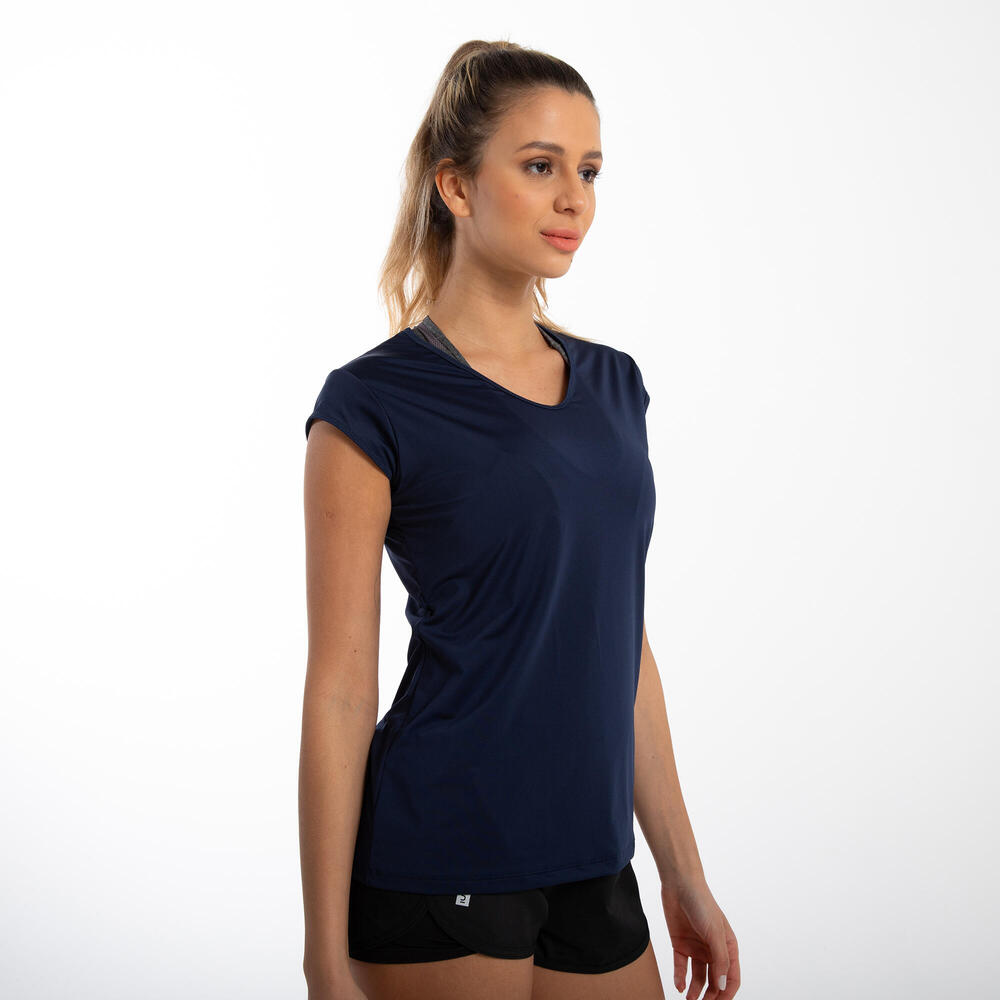 Encontraproduto.com.br - Camiseta Feminina de Treino Cardio Respirável 100 Domyos Azul-marinho
