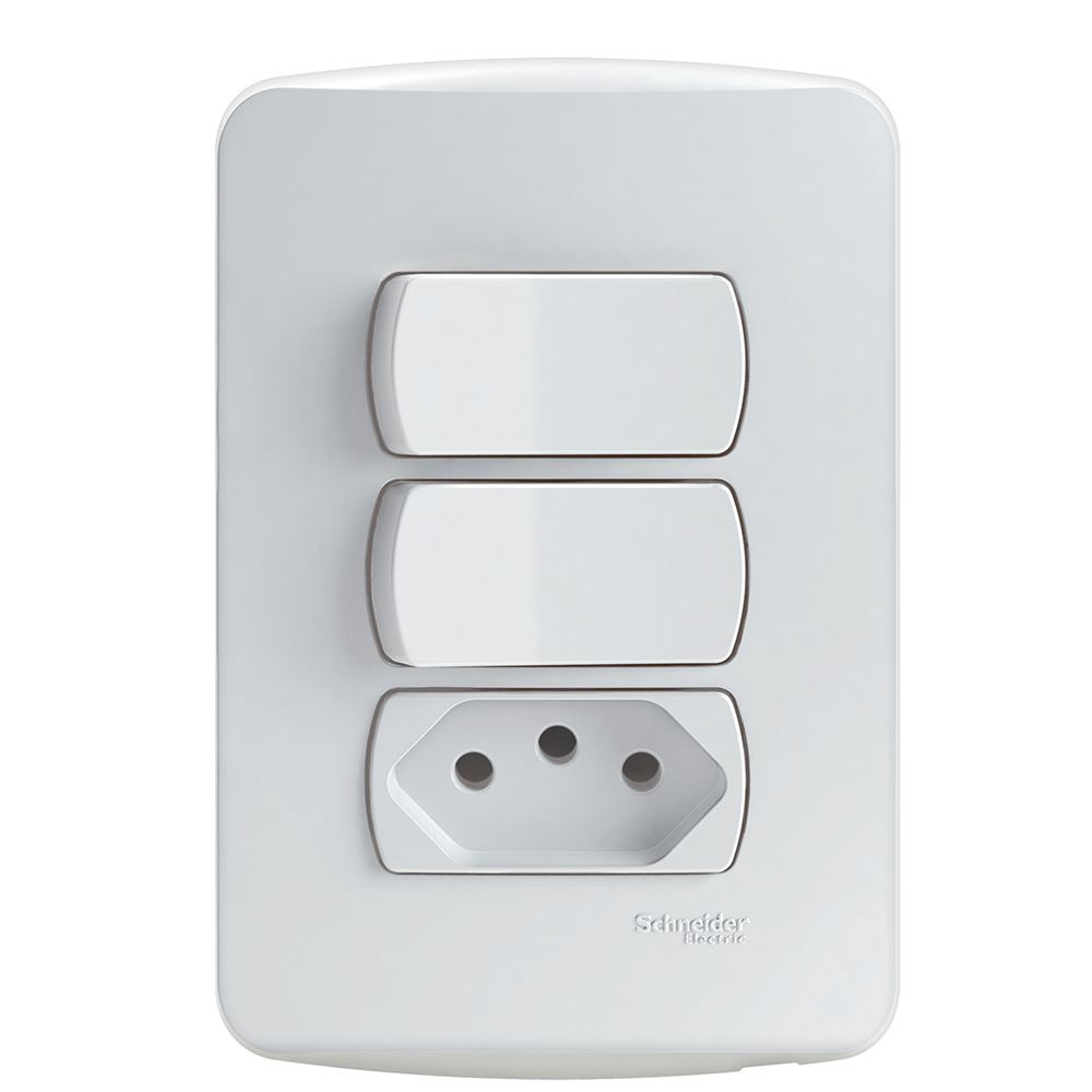 Encontraproduto.com.br - Conjunto Montado 2 Interruptores Simples E 1 Tomada 2P+T 10A Pb S3B69050 Branco Miluz Schneider