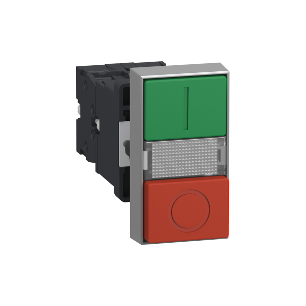 Encontraproduto.com.br - Botão Duplo Plástico 22mm 24V 1NA+1NF Verde e Vermelho XA2EW7L3741B5 Schneider