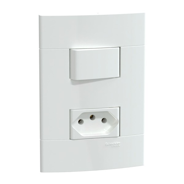 Encontraproduto.com.br - Conjunto Montado Interruptor Paralelo + Tomada Pb S412920 Branco Brilhante Lunare Up Schneider