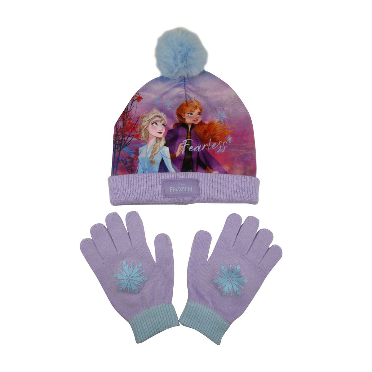 O Kit Gorro e Luvas infantil feminino Disney possui cor lilás e estampa do filme Frozen.