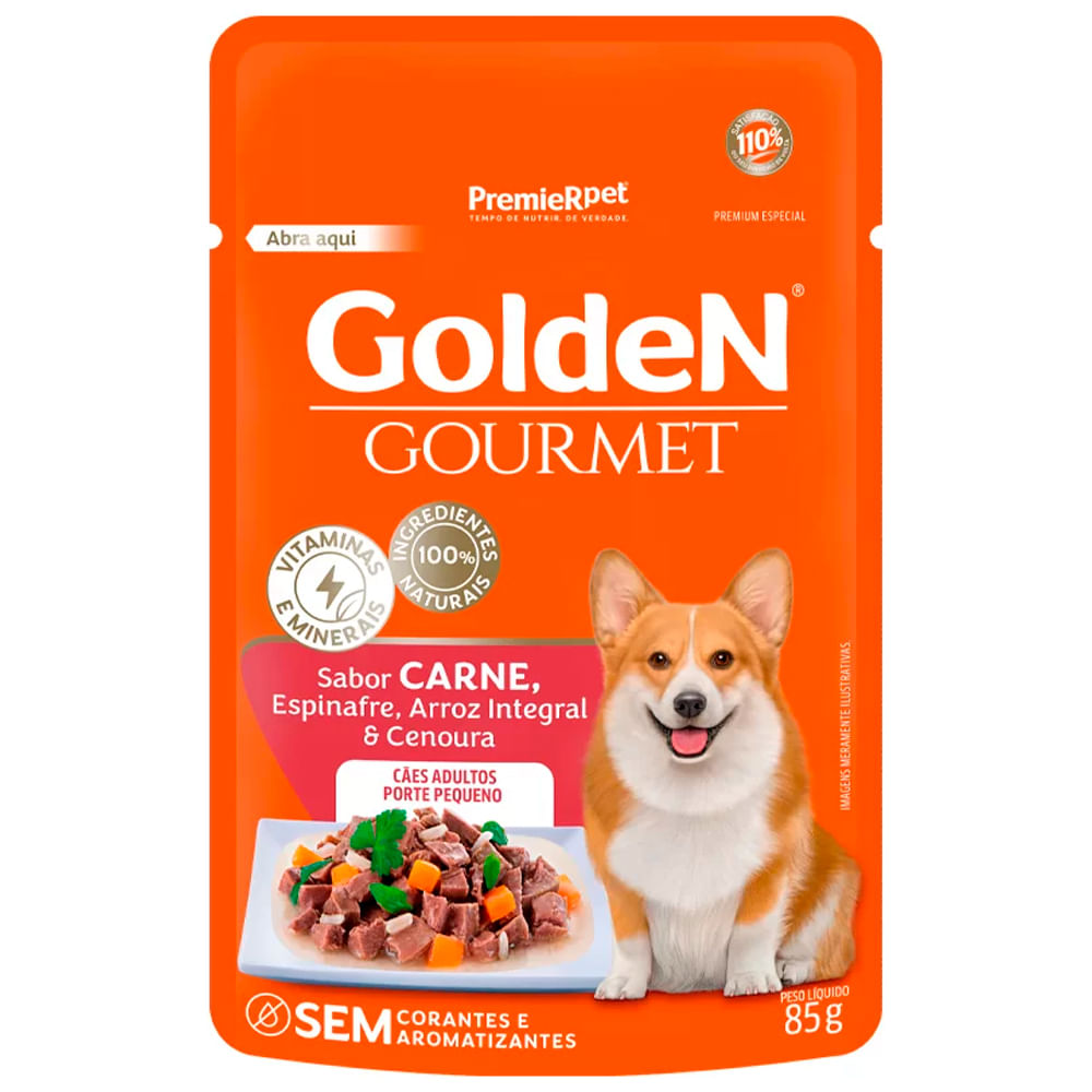 Ração Úmida Golden Gourmet Sachê para Cães Adultos de Porte Pequeno Sabor Carne 85g