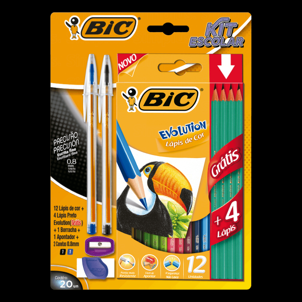 Kit Escolar 12 Lápis de Cor Evolution + 1 Borracha + 1 Apontador + 2 Canetas + 4 Lápis Preto - BIC