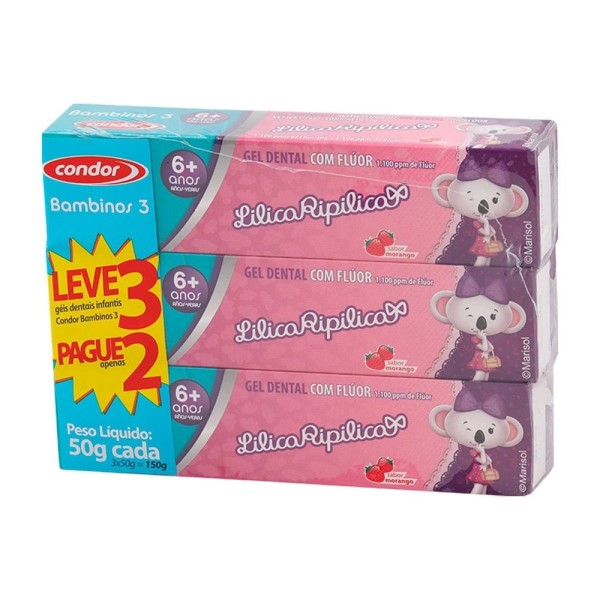 Encontraproduto.com.br - Gel Dental Infantil Condor Lilica Ripilica Com Flúor 6+ Anos 3 Unidades De 50g