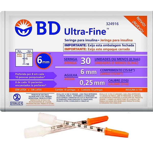 Encontraproduto.com.br - Seringa para Insulina BD Ultra-Fine com Agulha 6mm 30UI - 10 Unidades