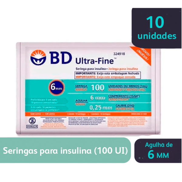 Encontraproduto.com.br - Seringa para Insulina BD Ultra-Fine com Agulha 6mm 100UI - 10 Unidades