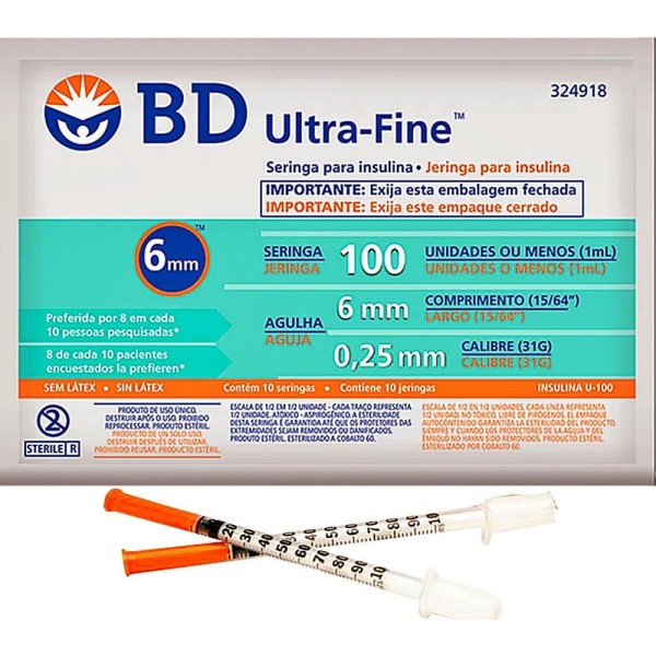Encontraproduto.com.br - Seringa para Insulina BD Ultra-Fine com Agulha 6mm 100UI - 10 Unidades