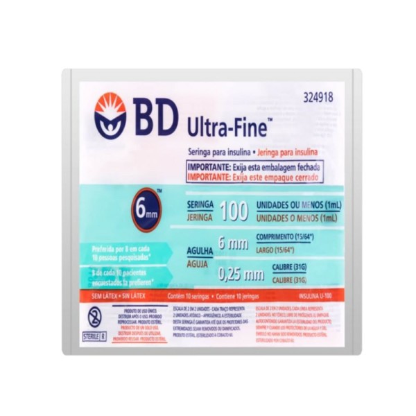 Encontraproduto.com.br - Seringa para Insulina BD Ultra-Fine com Agulha 6mm 100UI - 10 Unidades