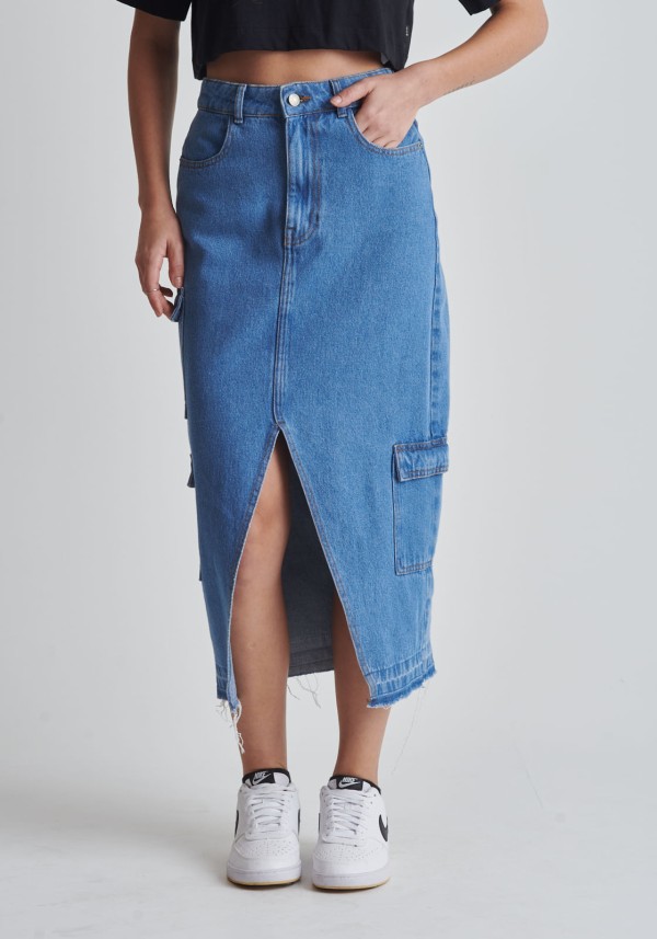 Encontraproduto.com.br - Saia jeans Midi cintura alta bolsos cargo