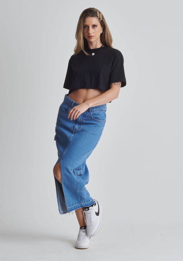 Encontraproduto.com.br - Saia jeans Midi cintura alta bolsos cargo