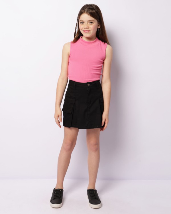 Encontraproduto.com.br - Short Saia Juvenil Sarja Curto Bolso Cargo Preto
