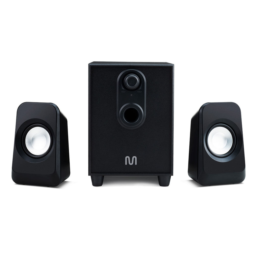 Encontraproduto.com.br - Caixas de Som 2.1 c/ Subwoofer 20w RMS Alimentação Bivolt Conexão P2 Controle de Volume e Graves Preto - SP377OUT [Reembalado]
