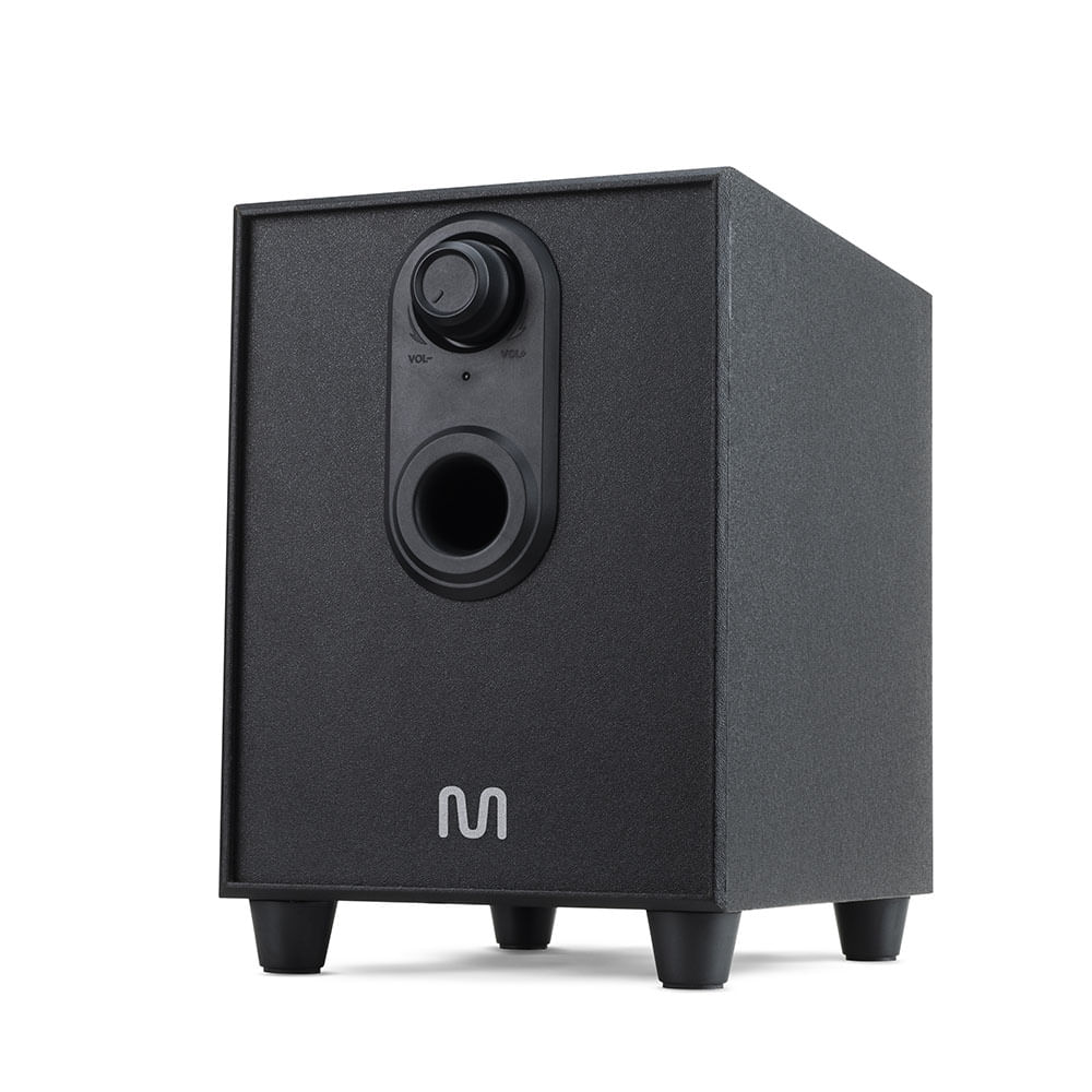 Encontraproduto.com.br - Caixas de Som 2.1 c/ Subwoofer 20w RMS Alimentação Bivolt Conexão P2 Controle de Volume e Graves Preto - SP377OUT [Reembalado]