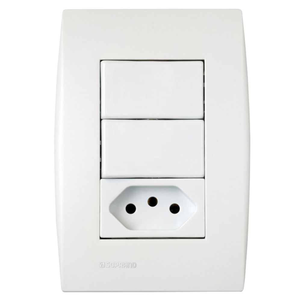 Encontraproduto.com.br - Conjunto 2 Interruptores Simples 10Ax + 1 Tomada 2P+T 10A 250V~ 4X2 Branco Ilus - Soprano