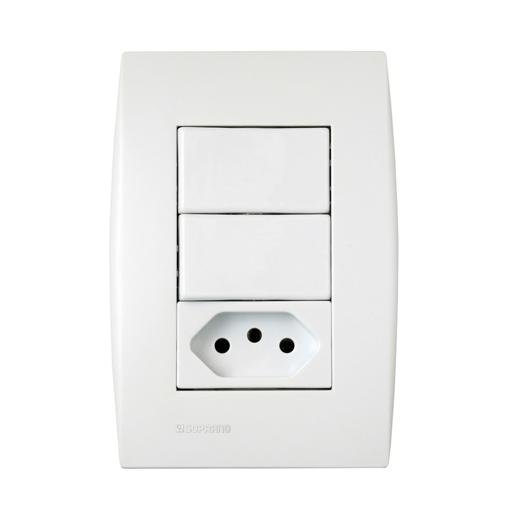 Encontraproduto.com.br - Conjunto 2 Interruptores Simples 10Ax + 1 Tomada 2P+T 10A 250V~ 4X2 Branco Ilus - Soprano