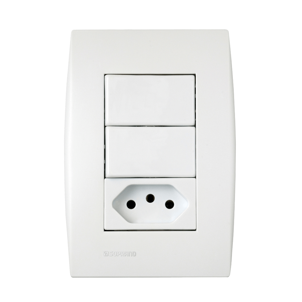 Encontraproduto.com.br - Conjunto 2 Interruptores Simples 10Ax + 1 Tomada 2P+T 10A 250V~ 4X2 Branco Ilus - Soprano