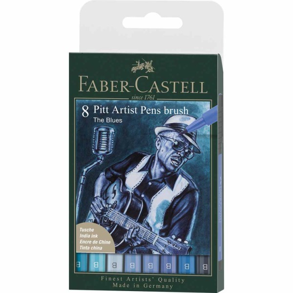 Encontraproduto.com.br - Caneta Pincel Pitt Estojo com 8 The Blues Ref.167173 Faber-Castell